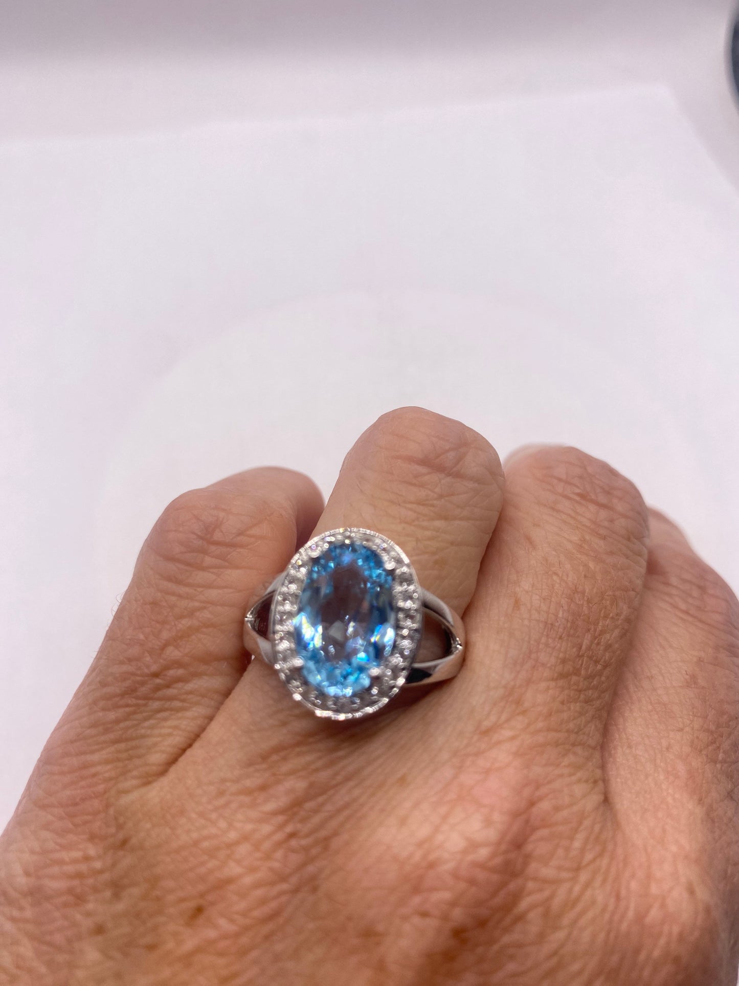 Vintage Blue Topaz White Diamond 925 Sterling Silver Promise Ring