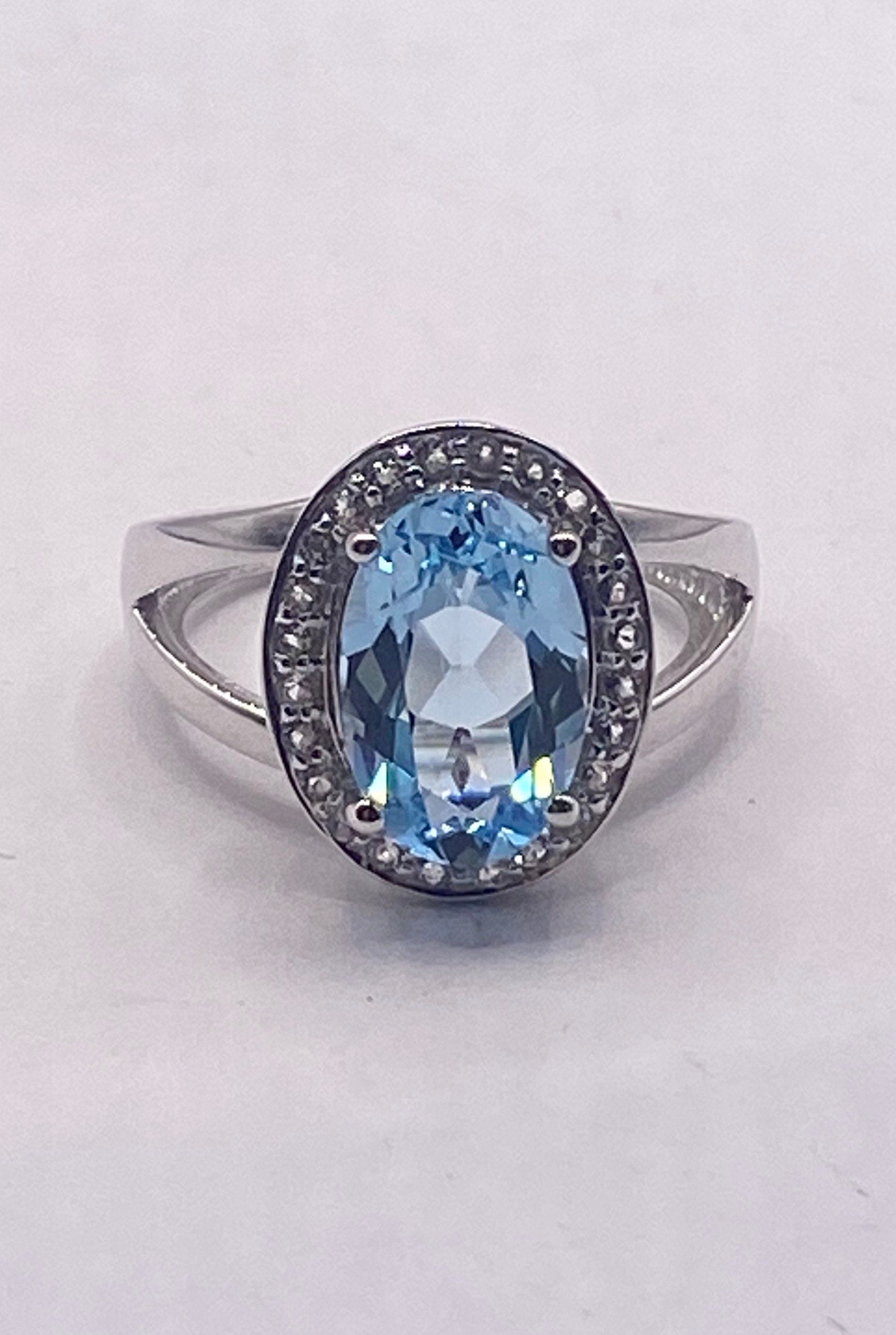 Vintage Blue Topaz White Diamond 925 Sterling Silver Promise Ring