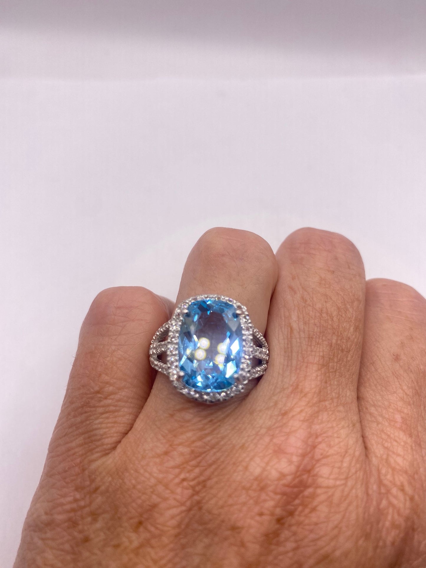 Vintage Blue Topaz White Diamond 925 Sterling Silver Promise Ring