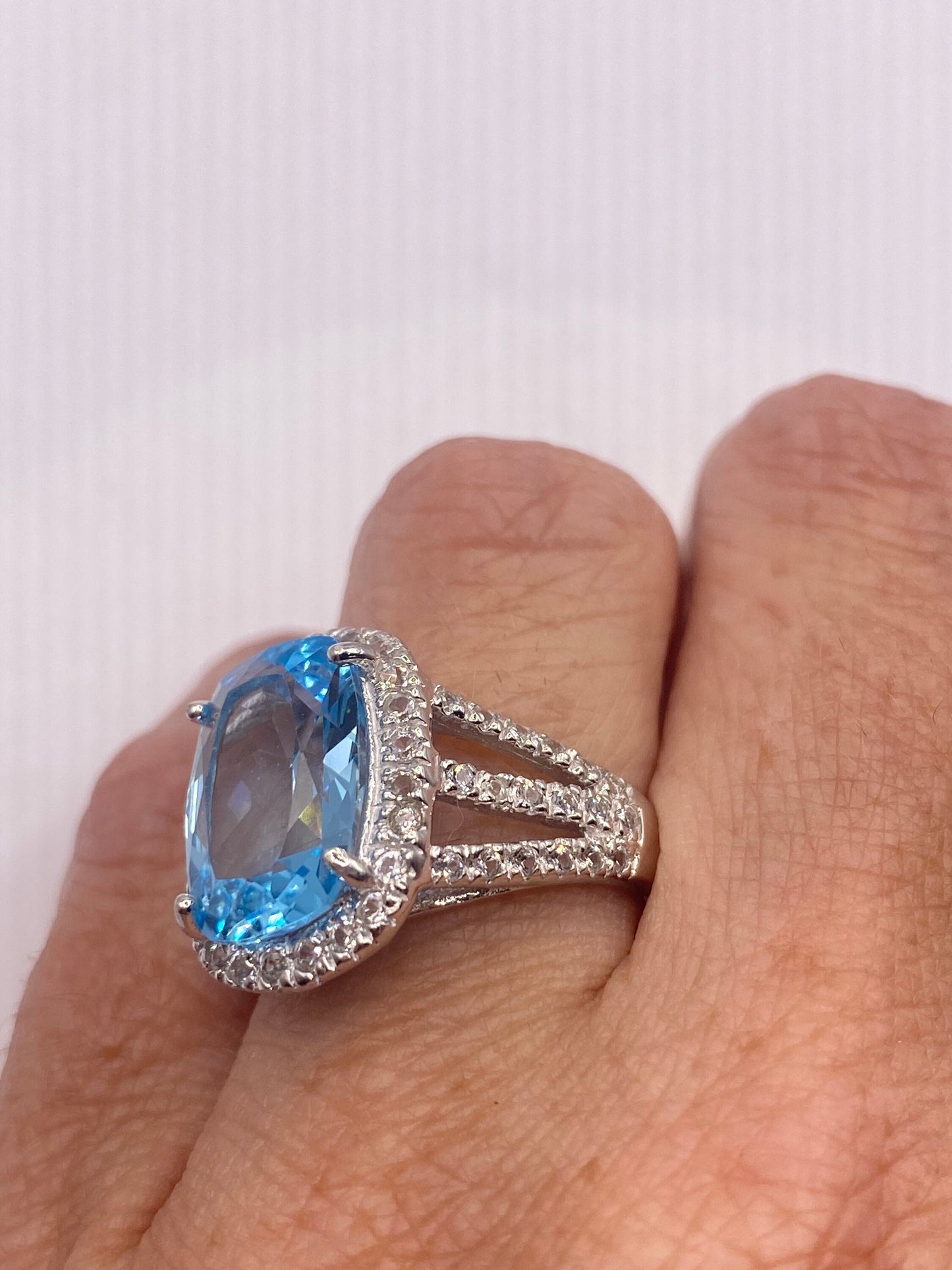 Vintage Blue Topaz White Diamond 925 Sterling Silver Promise Ring