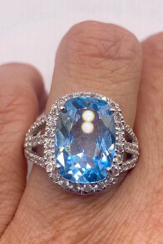 Vintage Blue Topaz White Diamond 925 Sterling Silver Promise Ring