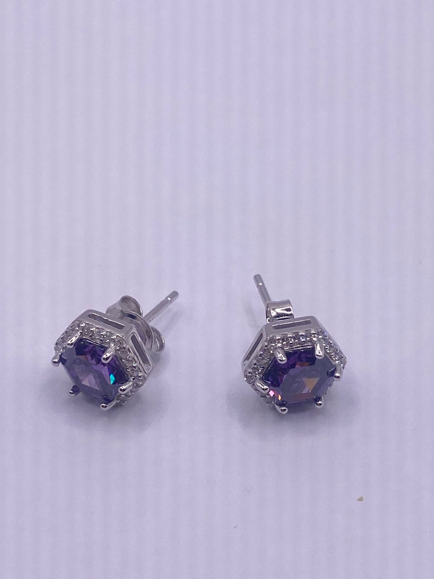 Vintage Amethyst Earrings 925 Sterling Silver Purple Stud Button
