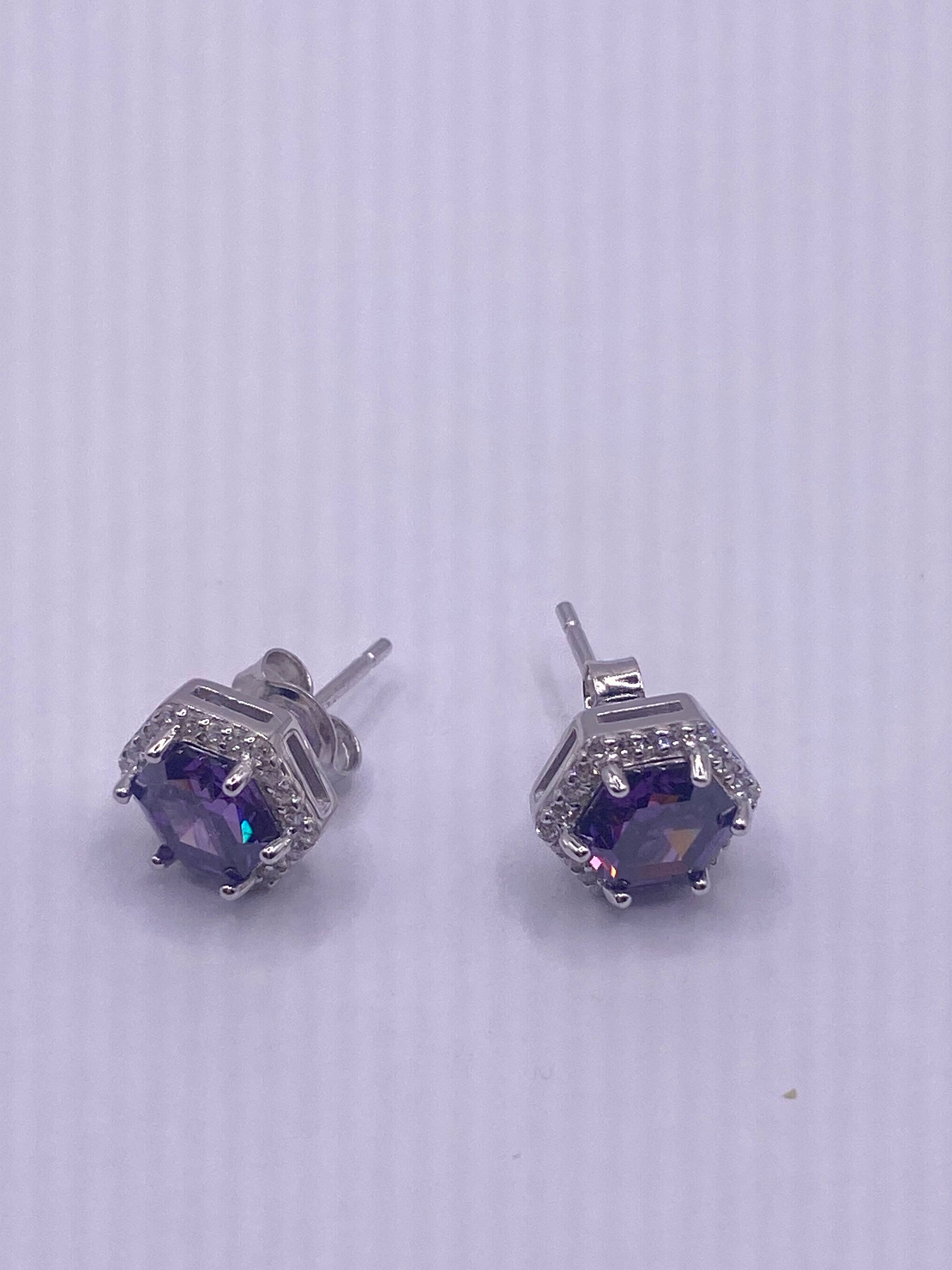 Vintage Amethyst Earrings 925 Sterling Silver Purple Stud Button