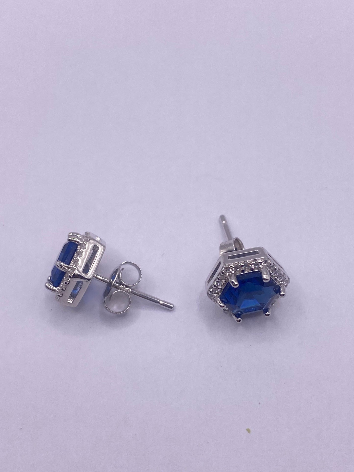 Vintage Blue Iolite Earrings 925 Sterling Silver Stud Button