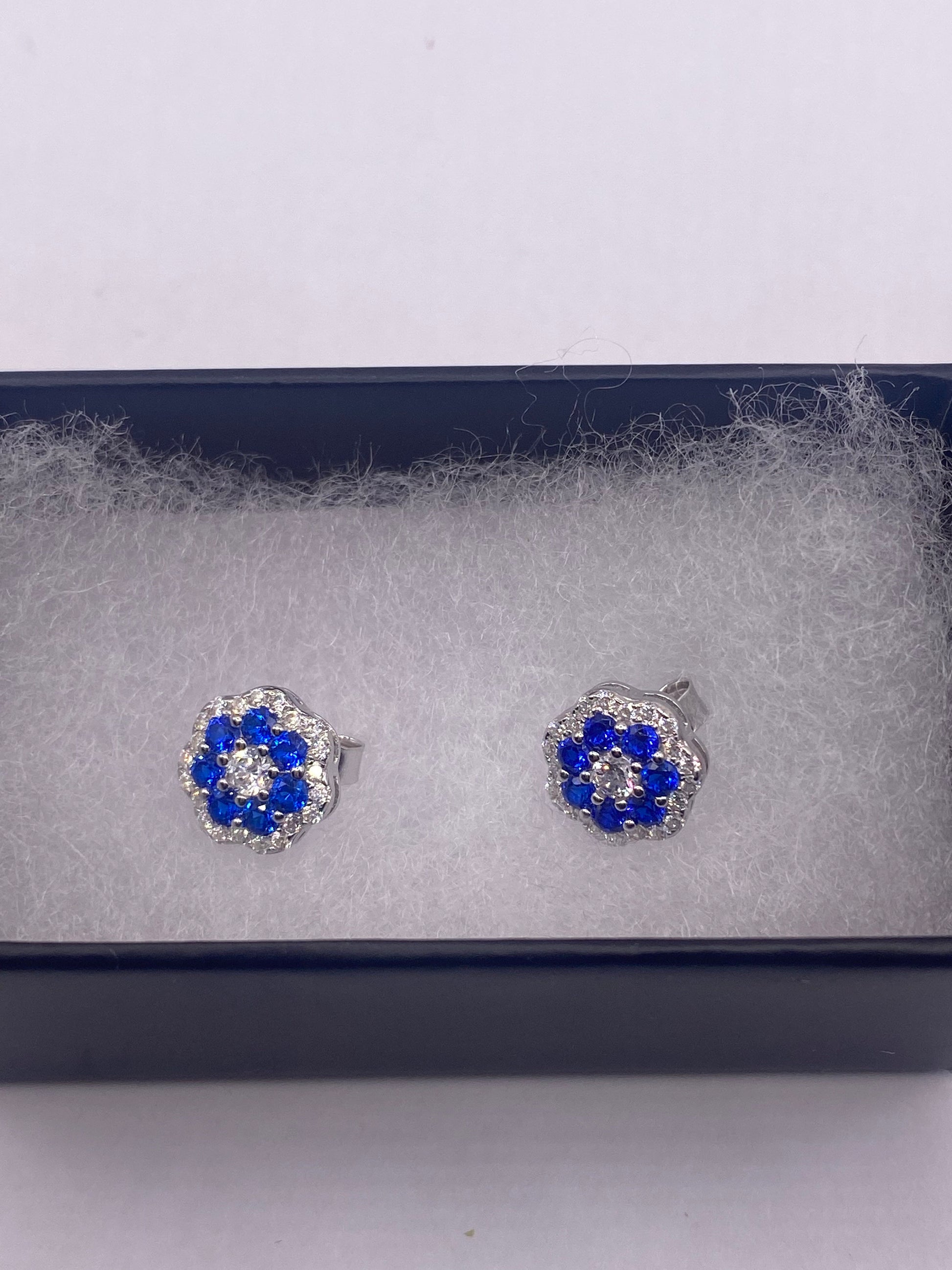 Vintage Blue Iolite Earrings 925 Sterling Silver Stud Button