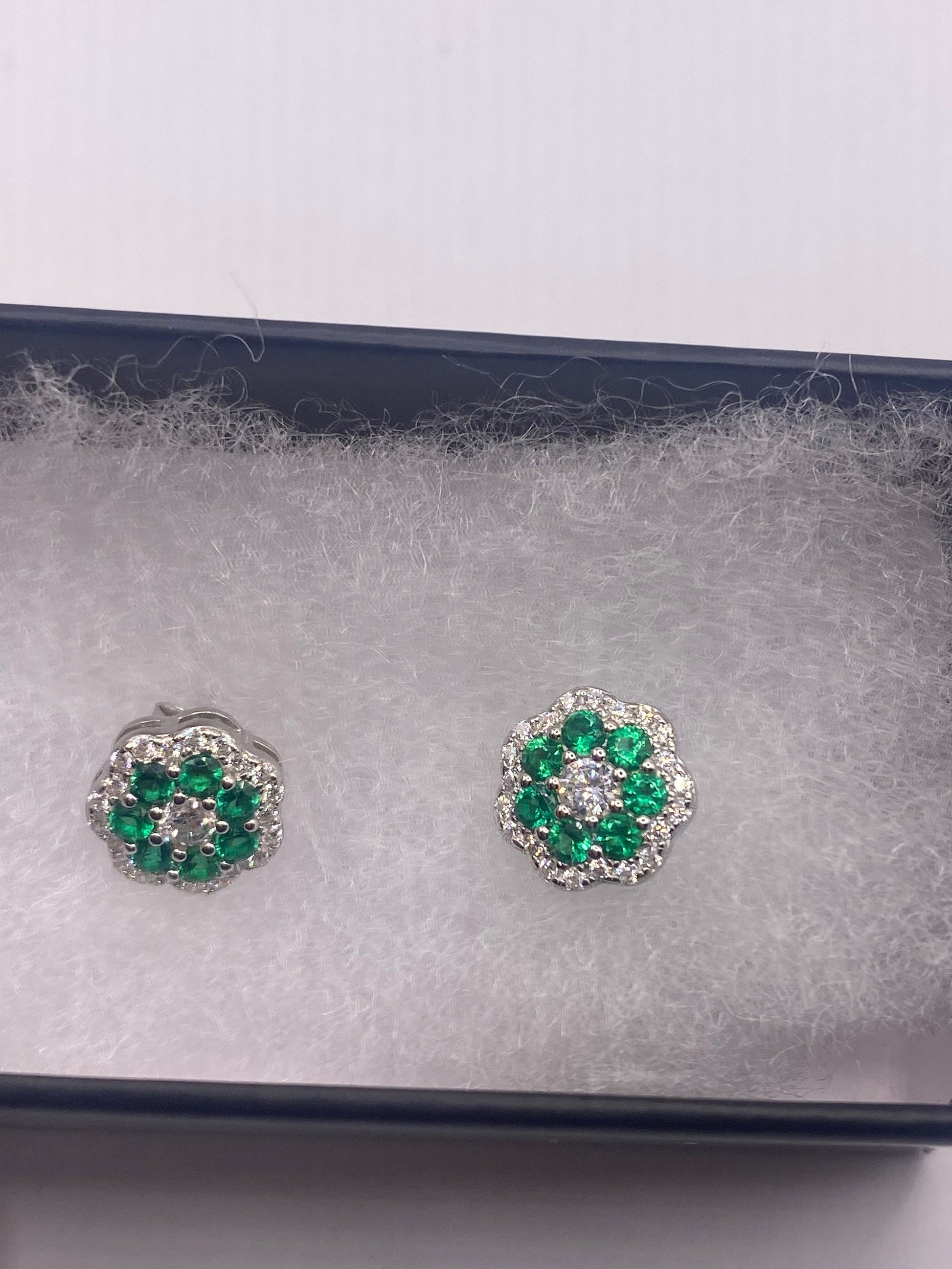 Vintage Chrome Diopside Earrings 925 Sterling Silver Stud Button