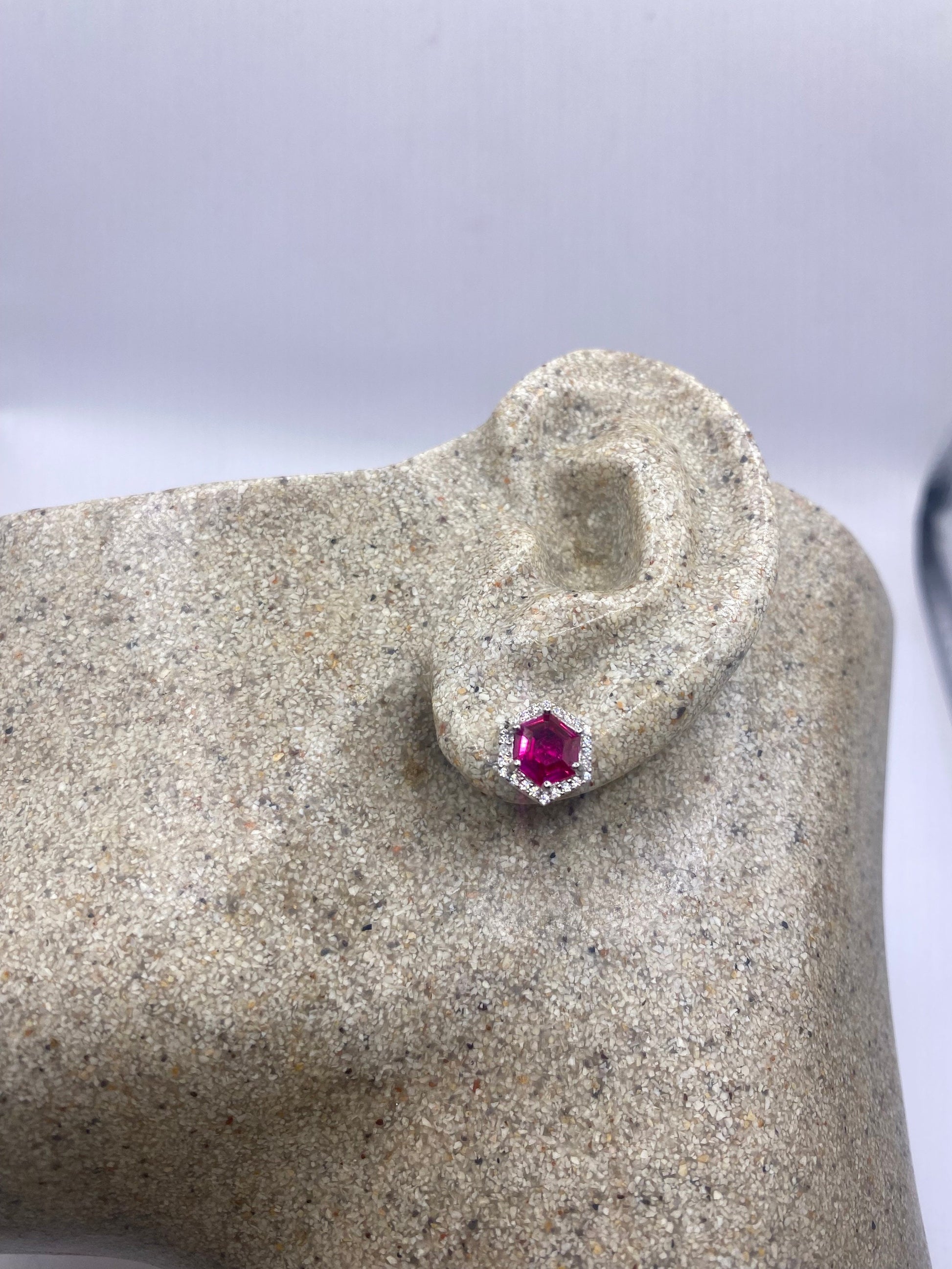 Vintage Cubic Zirconia Earrings 925 Sterling Silver Stud Button