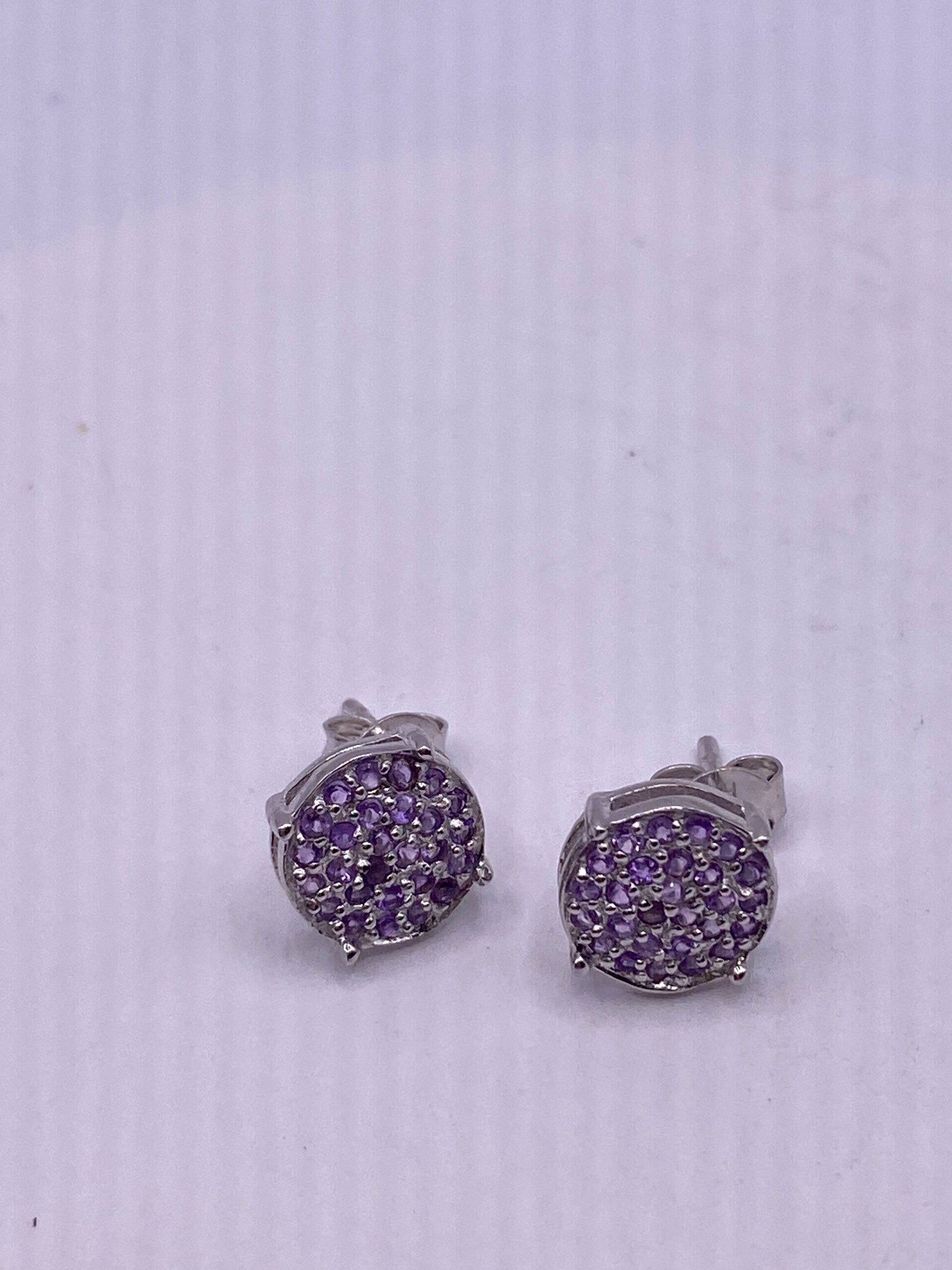 Vintage Amethyst Earrings 925 Sterling Silver Purple Stud Button