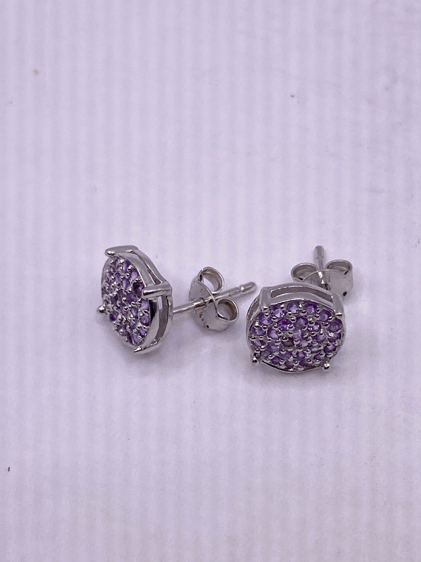 Vintage Amethyst Earrings 925 Sterling Silver Purple Stud Button