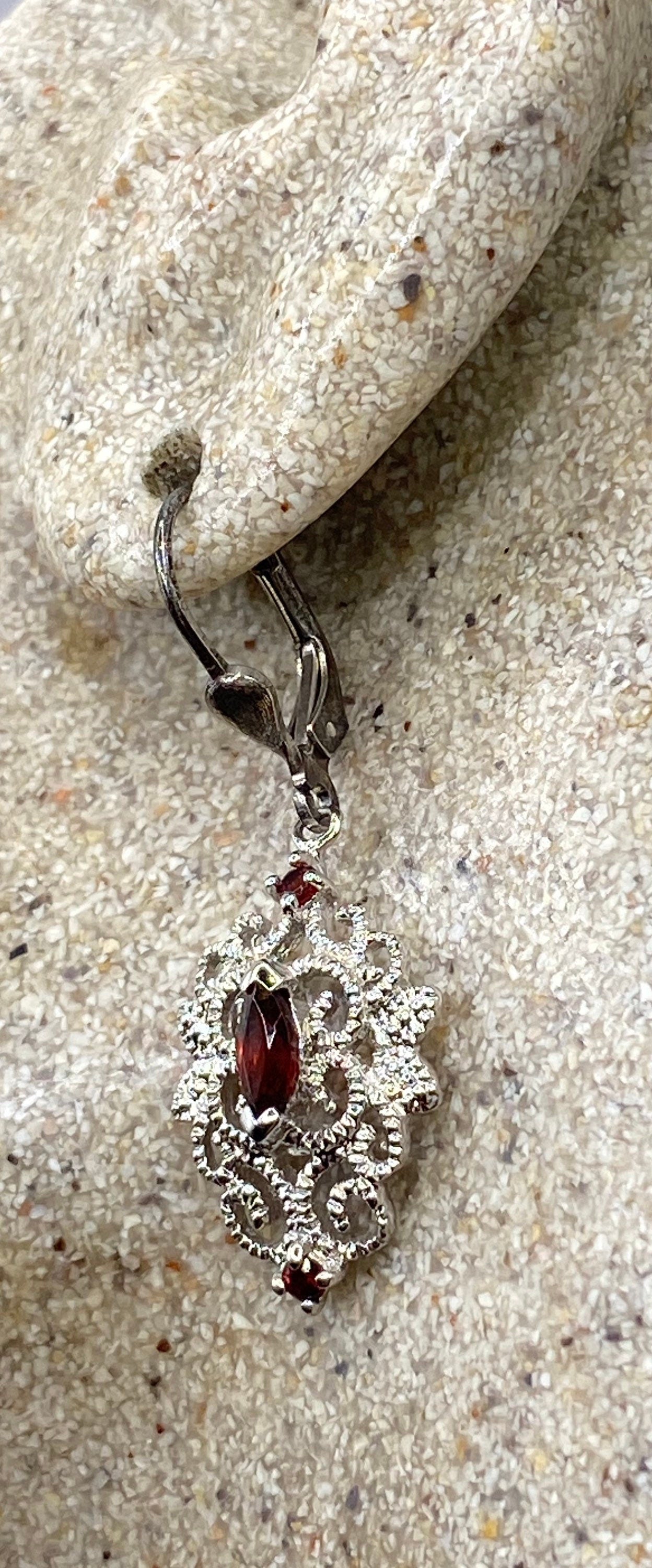 Vintage Bohemian Garnet Dangle Earrings 925 Sterling Silver