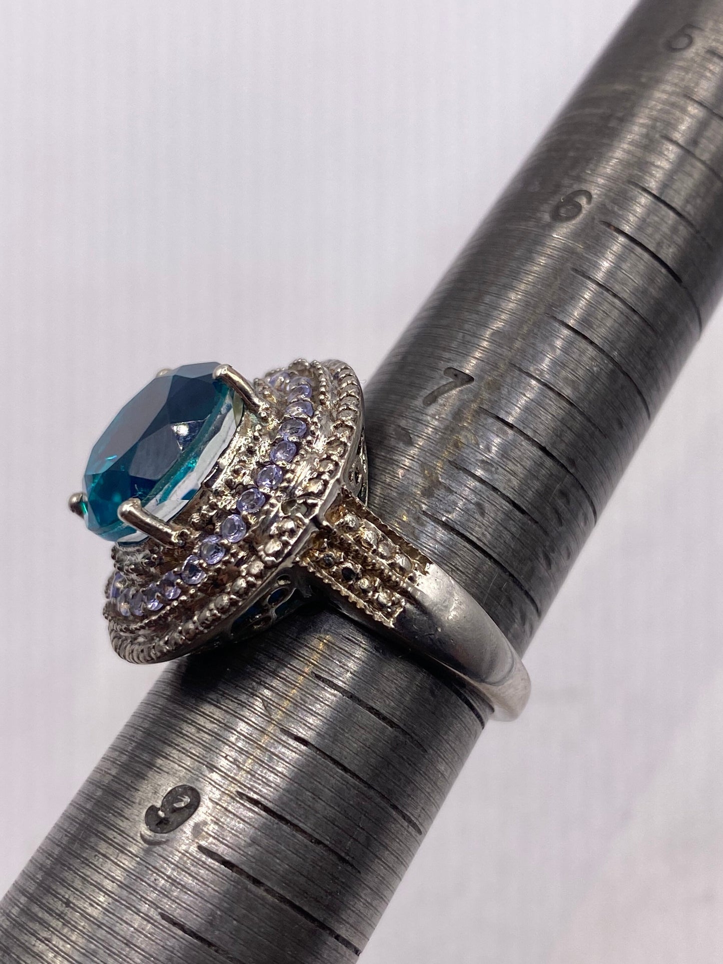 Vintage Blue Tanzanite Fluorite 925 Sterling Silver Deco Ring