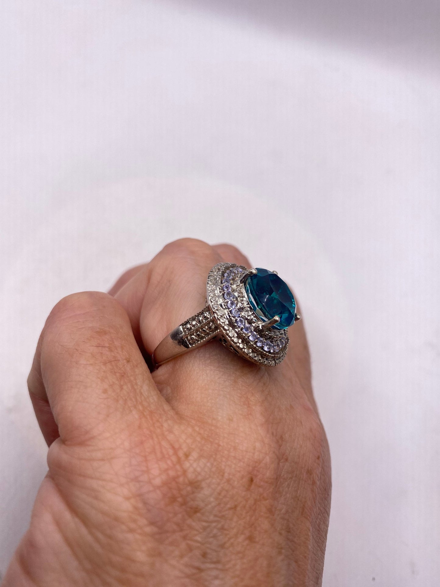 Vintage Blue Tanzanite Fluorite 925 Sterling Silver Deco Ring