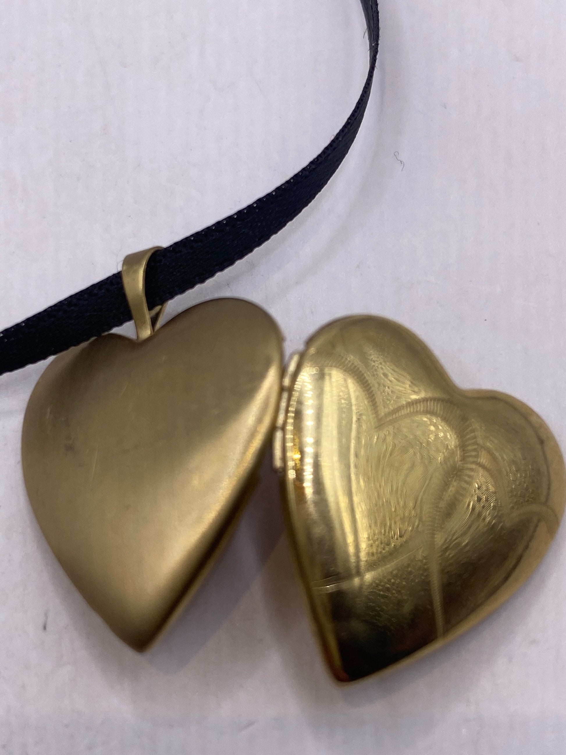 Vintage Gold Locket | Tiny Heart 9k Gold Filled Pendant Photo Memory Charm Engraved Two Hearts | Choker Necklace