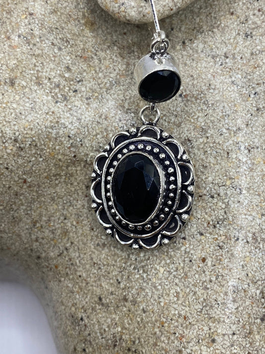 Antique Vintage Black Onyx 925 Silver Dangle LeverBack Earrings