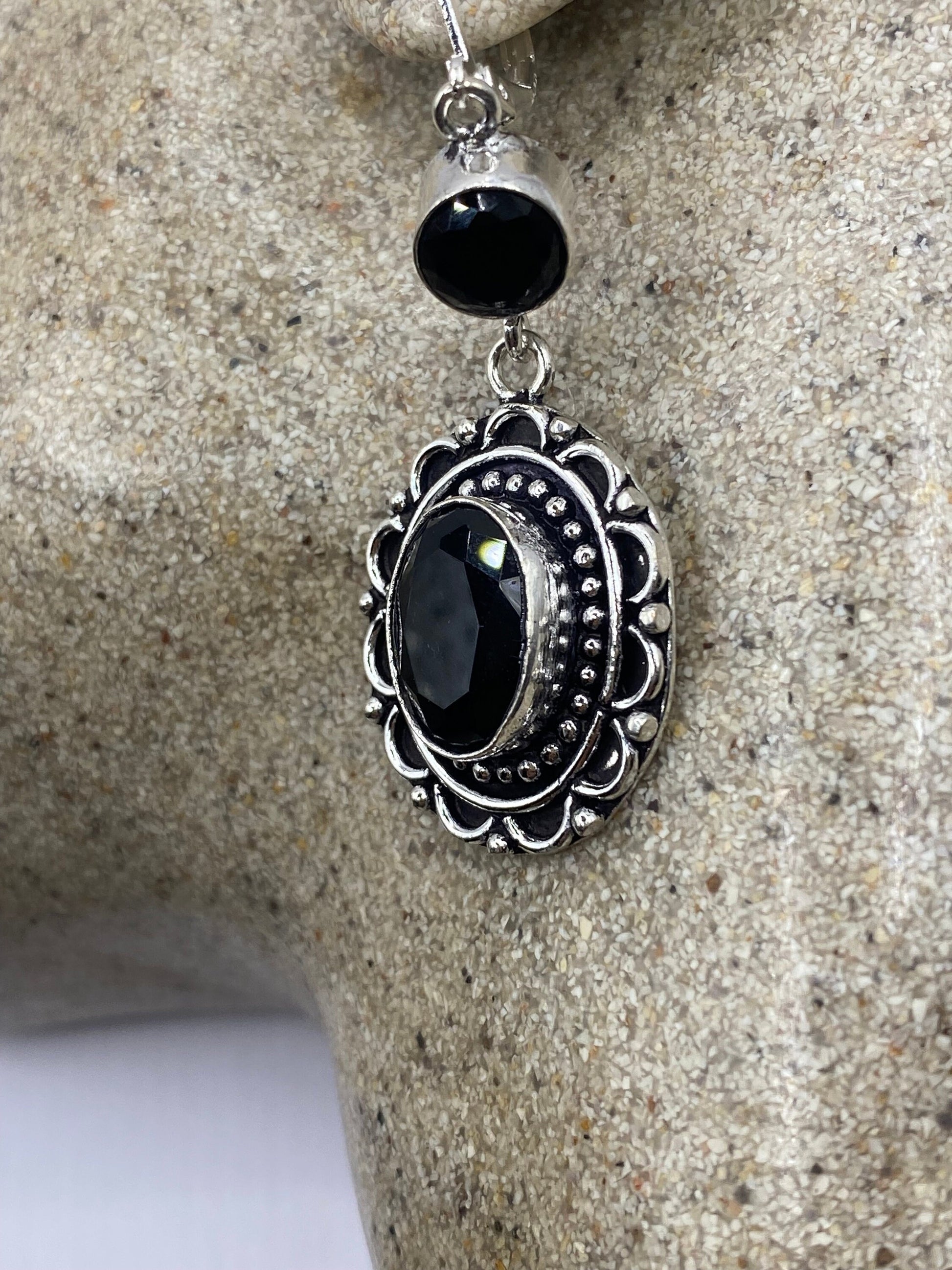 Antique Vintage Black Onyx 925 Silver Dangle LeverBack Earrings