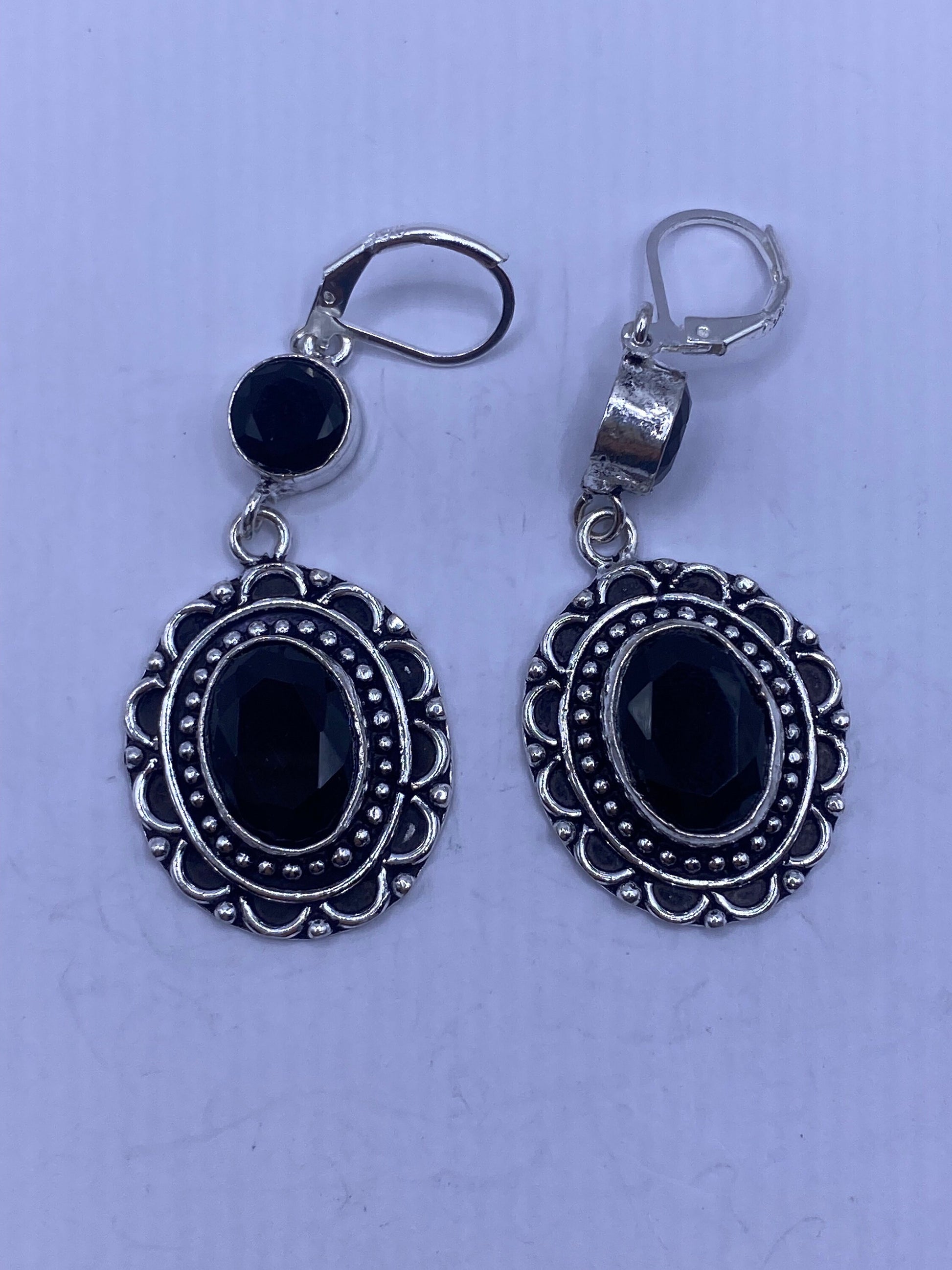 Antique Vintage Black Onyx 925 Silver Dangle LeverBack Earrings