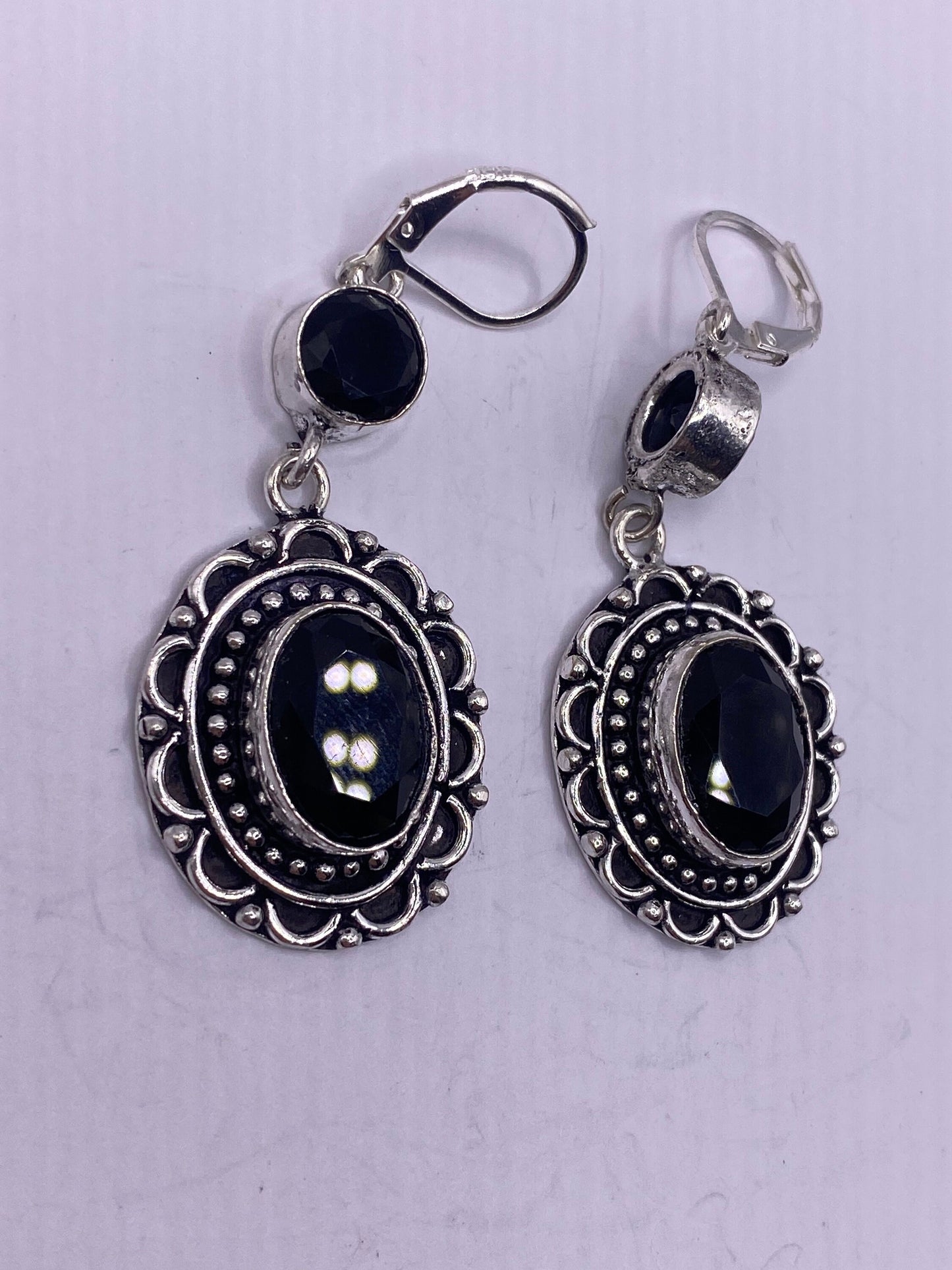 Antique Vintage Black Onyx 925 Silver Dangle LeverBack Earrings