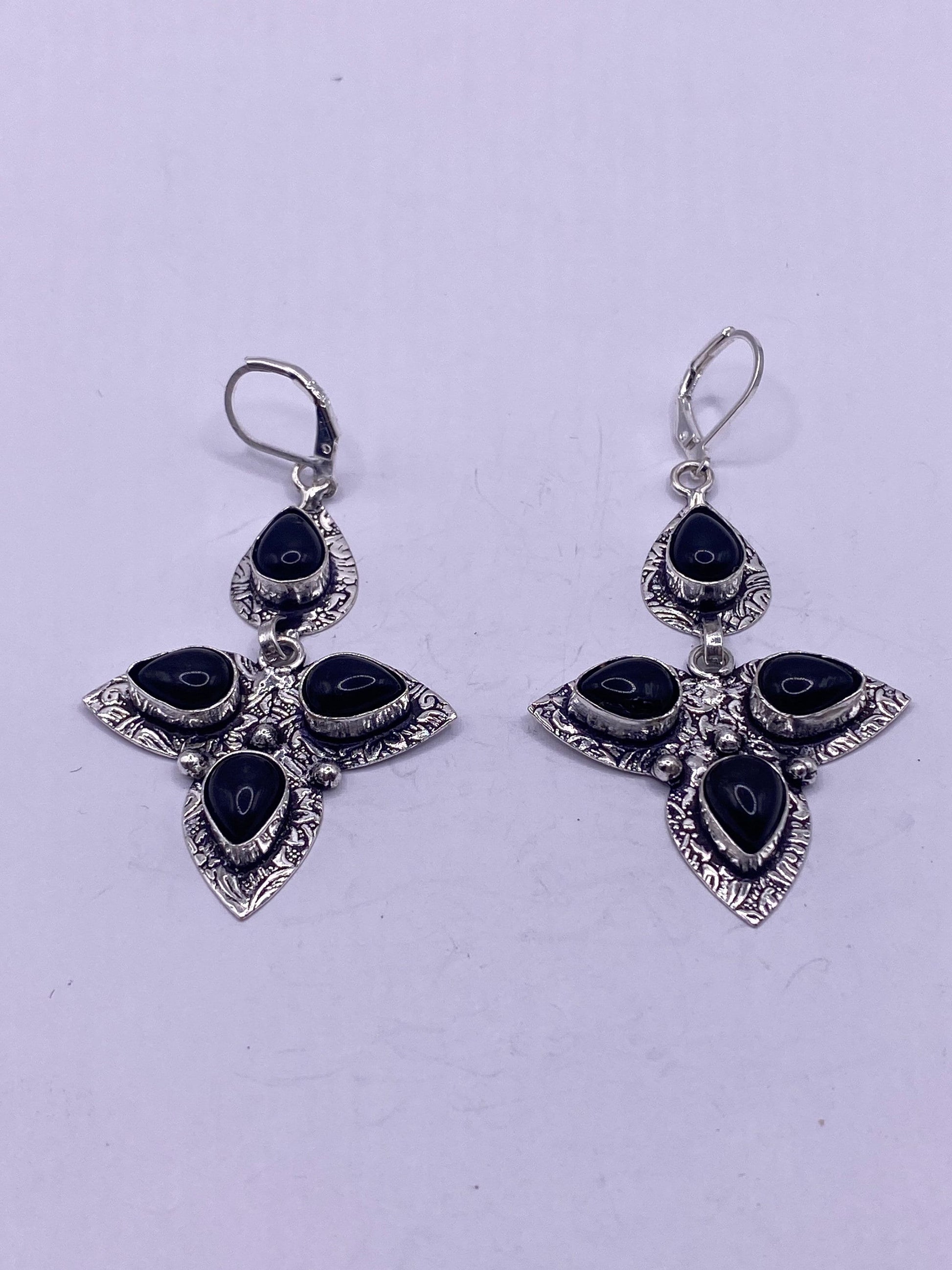 Antique Vintage Black Onyx Silver Dangle Earrings