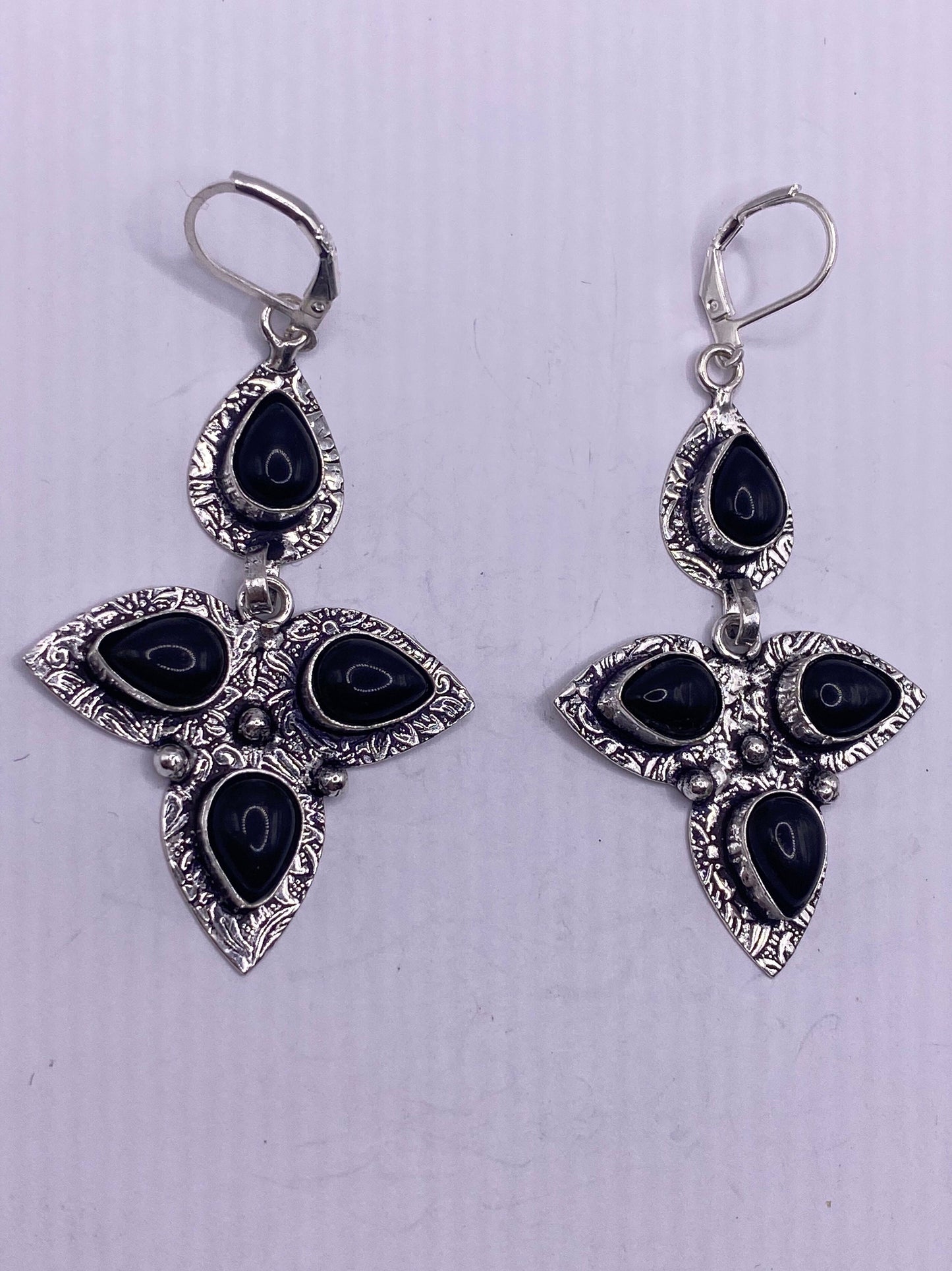 Antique Vintage Black Onyx Silver Dangle Earrings