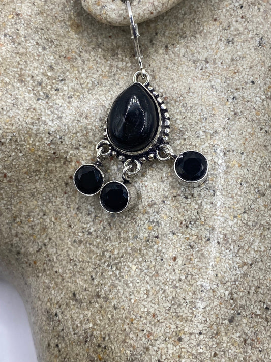 Antique Vintage Black Onyx 925 Silver Dangle LeverBack Earrings