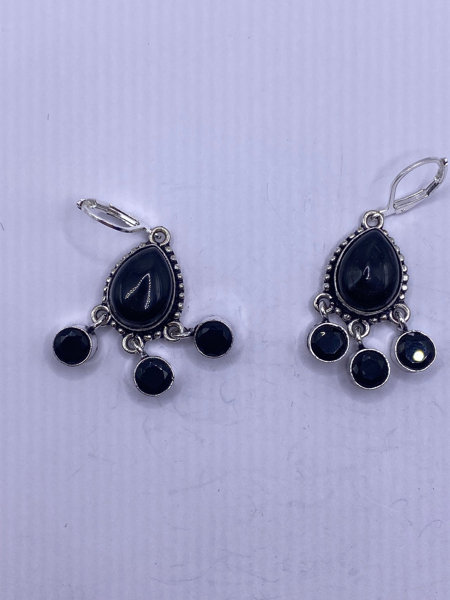 Antique Vintage Black Onyx 925 Silver Dangle LeverBack Earrings