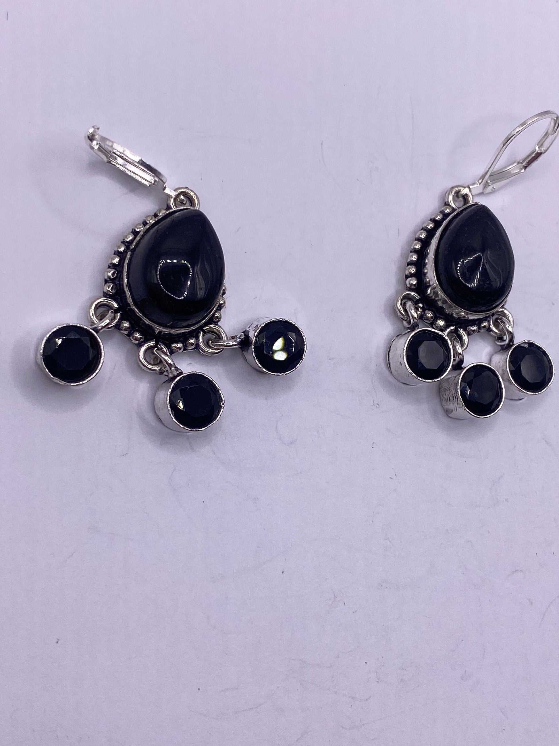 Antique Vintage Black Onyx 925 Silver Dangle LeverBack Earrings