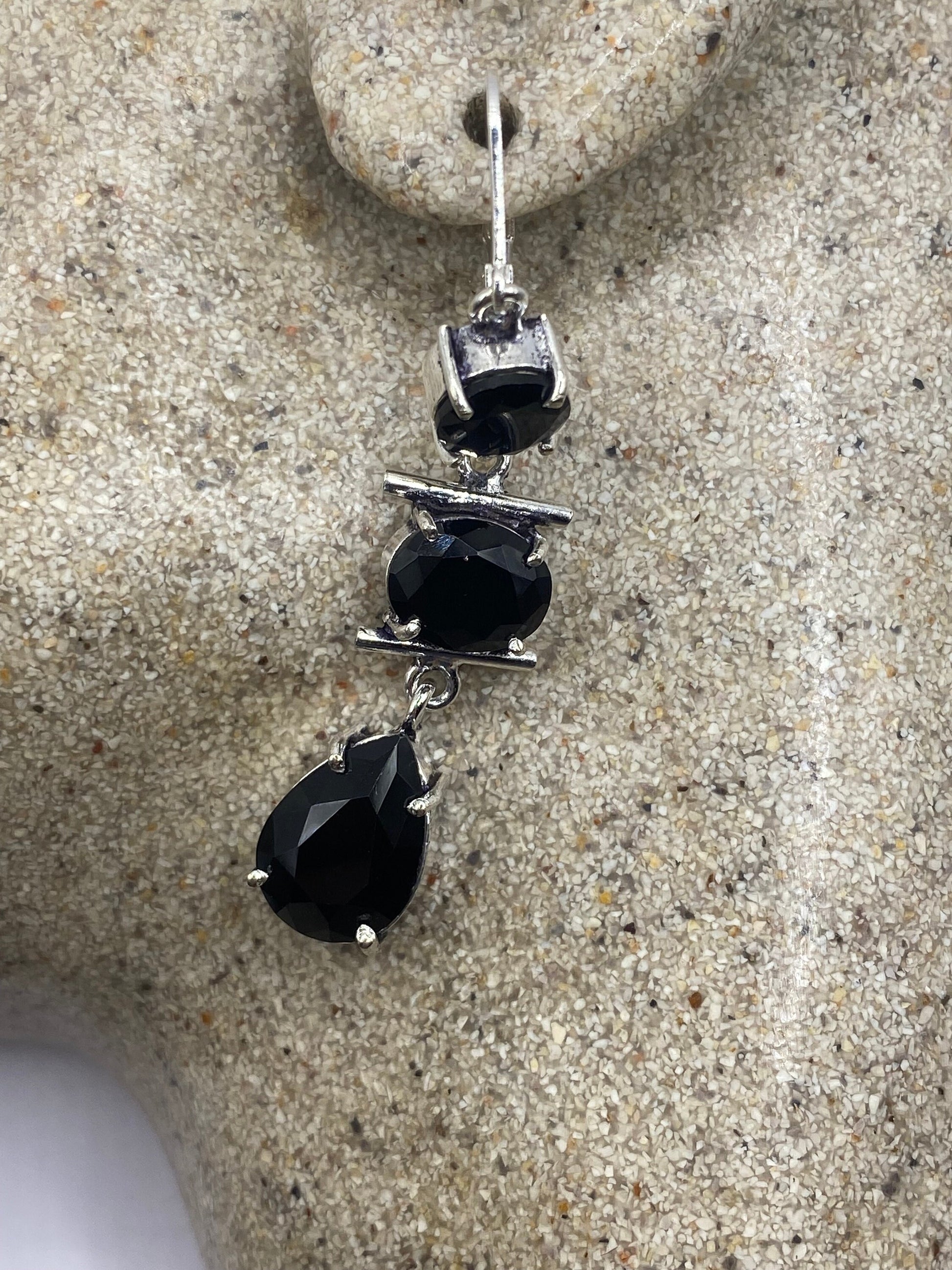 Antique Vintage Black Onyx 925 Silver Dangle LeverBack Earrings