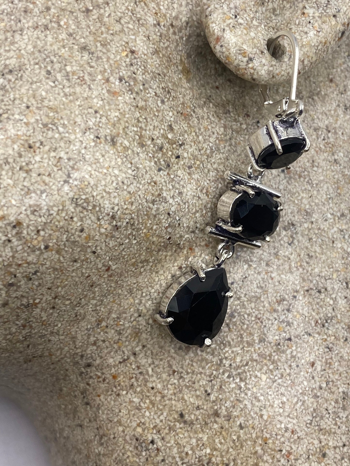 Antique Vintage Black Onyx 925 Silver Dangle LeverBack Earrings