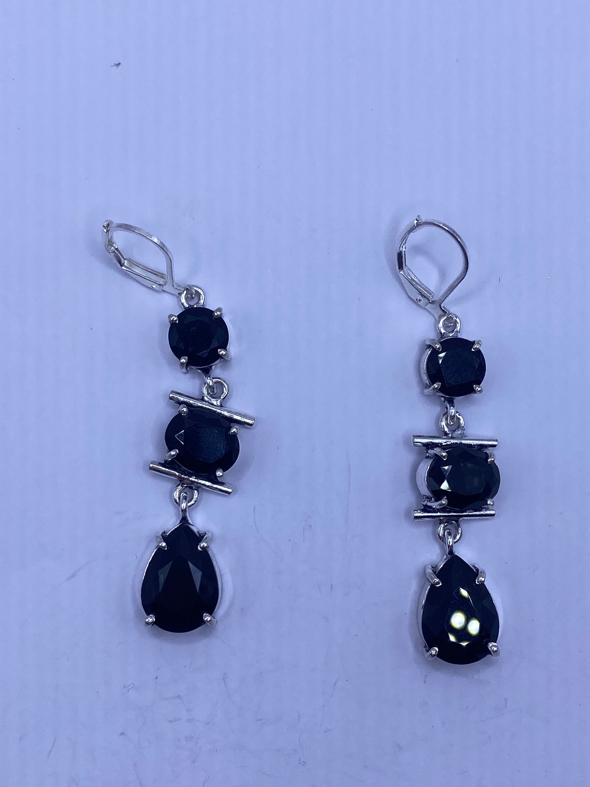 Antique Vintage Black Onyx 925 Silver Dangle LeverBack Earrings