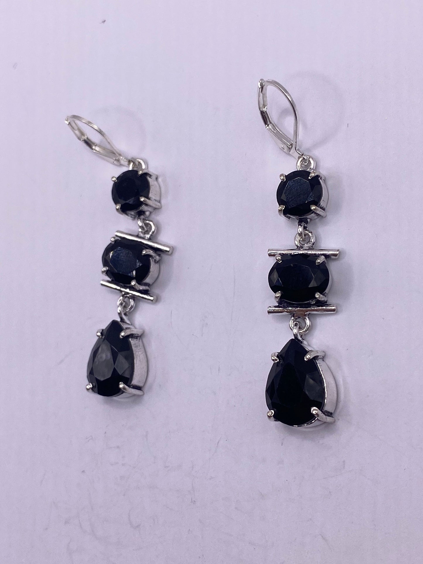 Antique Vintage Black Onyx 925 Silver Dangle LeverBack Earrings