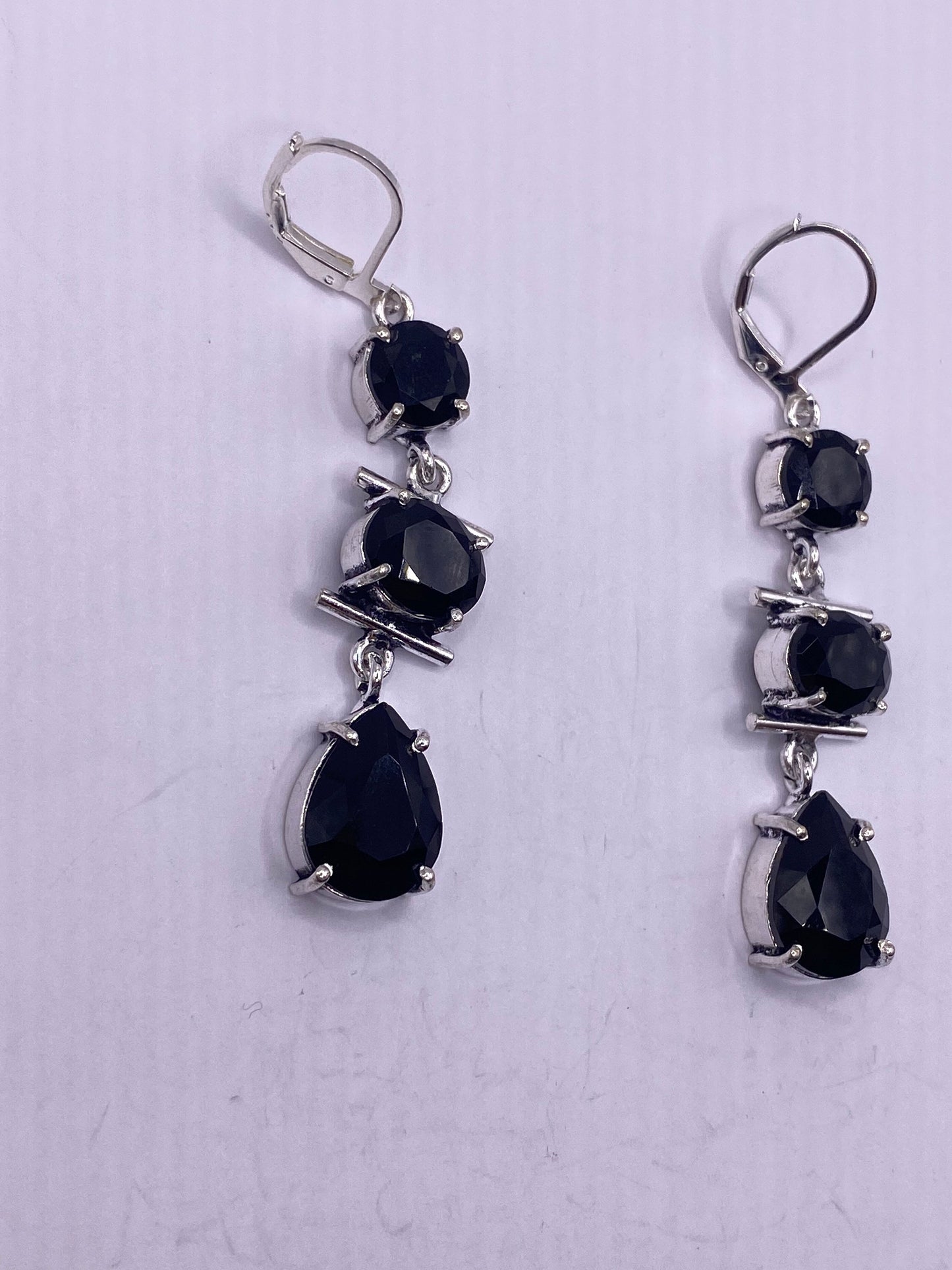 Antique Vintage Black Onyx 925 Silver Dangle LeverBack Earrings