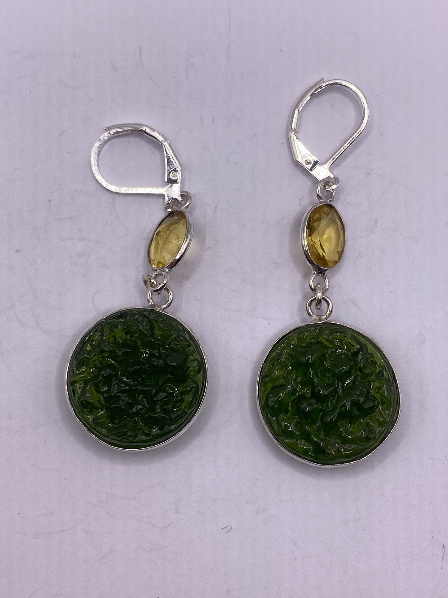 Antique Vintage Green Volcanic Glass Silver Dangle Earrings