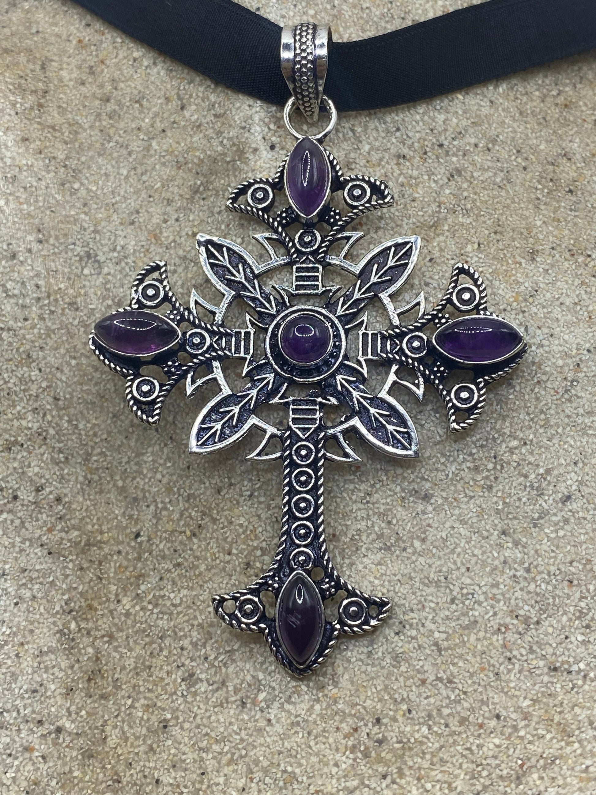 Bohemian Cut Deep Purple Genuine Amethyst Cross Choker Necklace