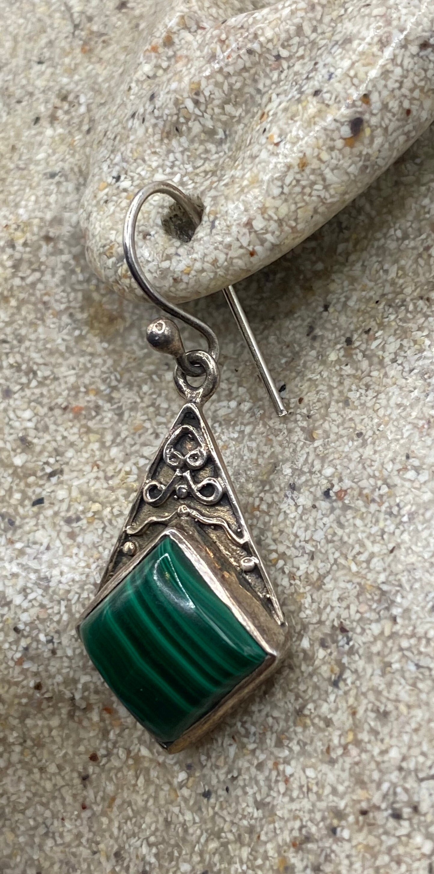 Antique Vintage Green Malachite 925 Sterling Silver Dangle Earrings