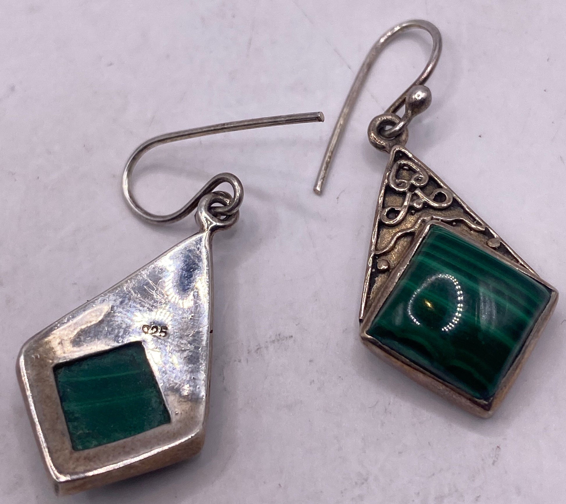 Antique Vintage Green Malachite 925 Sterling Silver Dangle Earrings