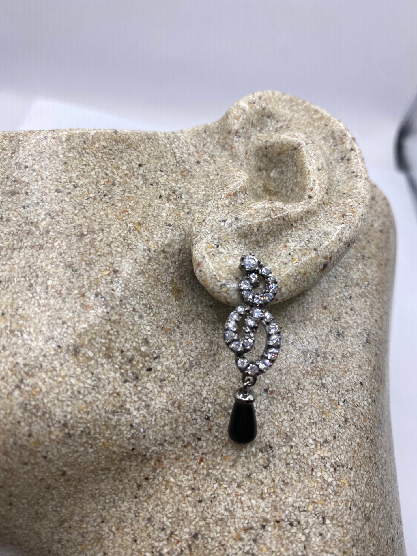 Vintage Black Onyx 925 Silver Dangle Earrings
