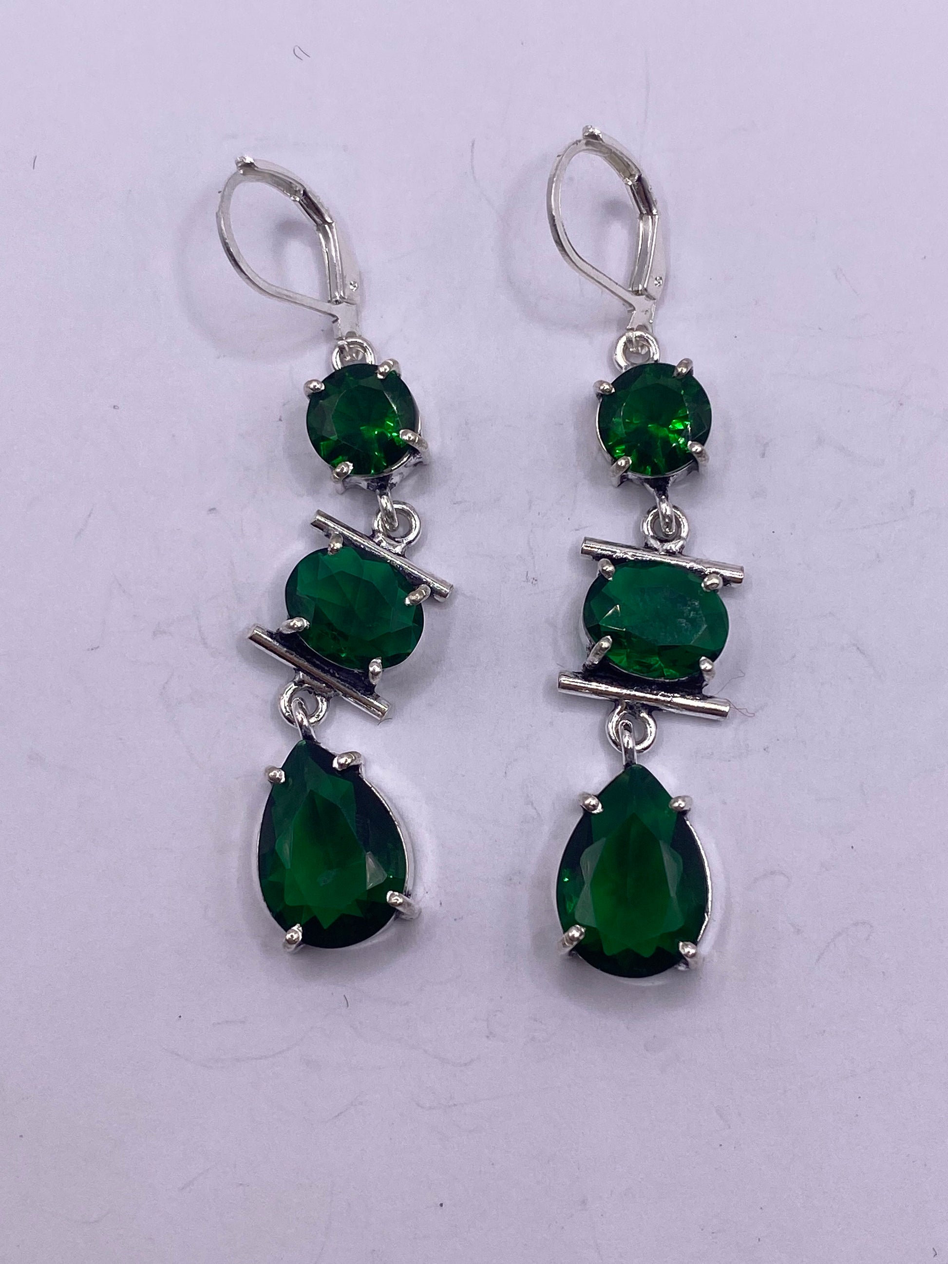 Antique Vintage Green Glass Silver Dangle Chandelier Earrings