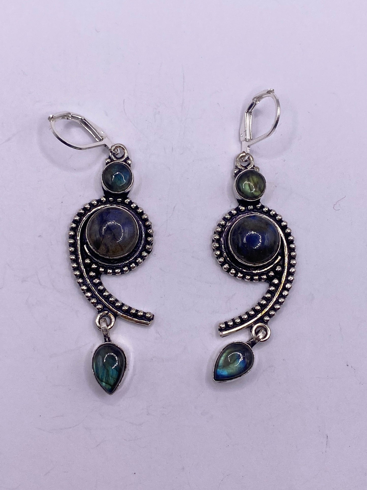 Antique Vintage Green Labradorite Silver Dangle Earrings