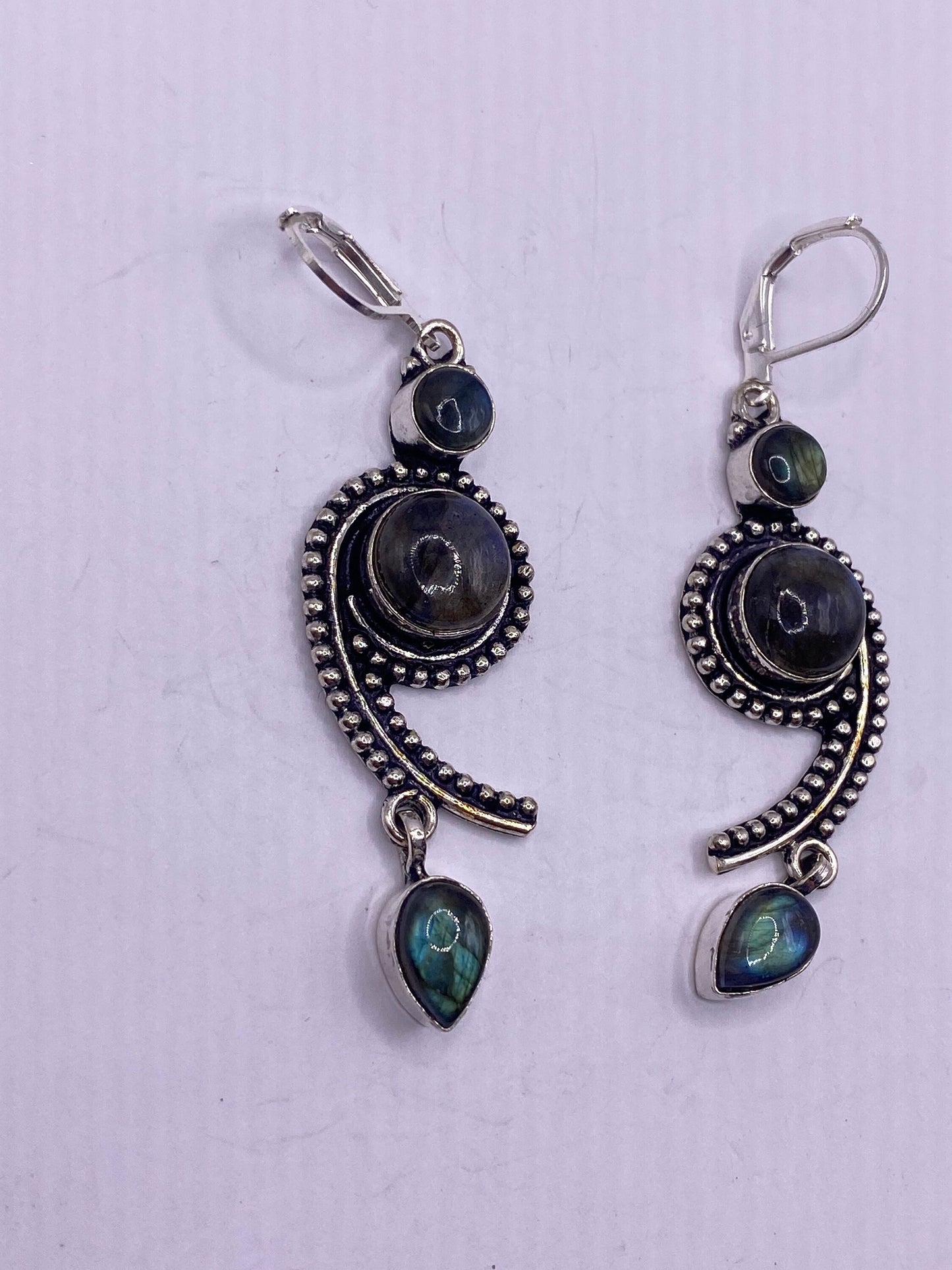 Antique Vintage Green Labradorite Silver Dangle Earrings