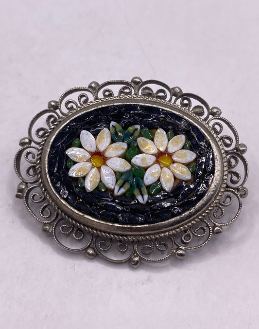 Vintage Black Onyx Flower Mosaic Pin Marcasite 925 Sterling Silver Brooch
