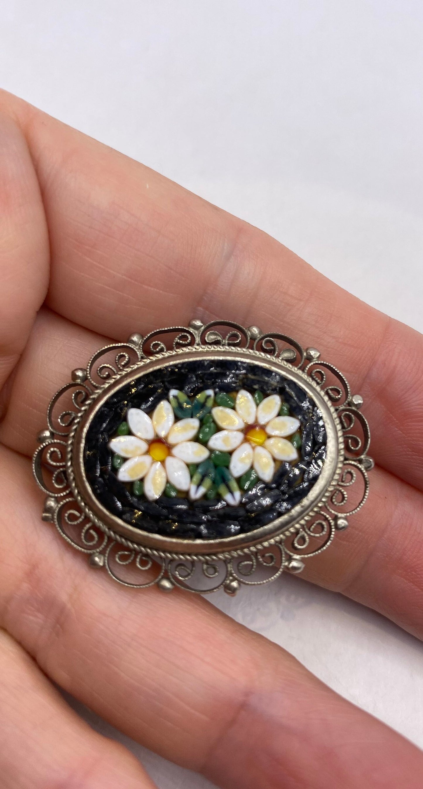 Vintage Black Onyx Flower Mosaic Pin Marcasite 925 Sterling Silver Brooch