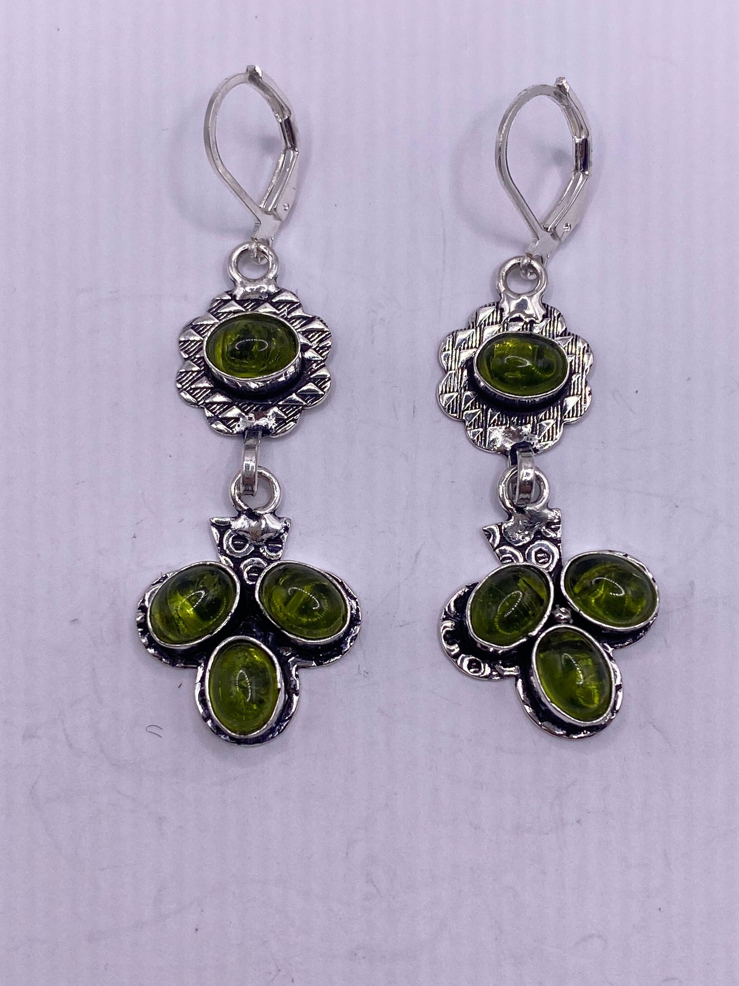 Antique Vintage Green Peridot Silver Dangle Earrings