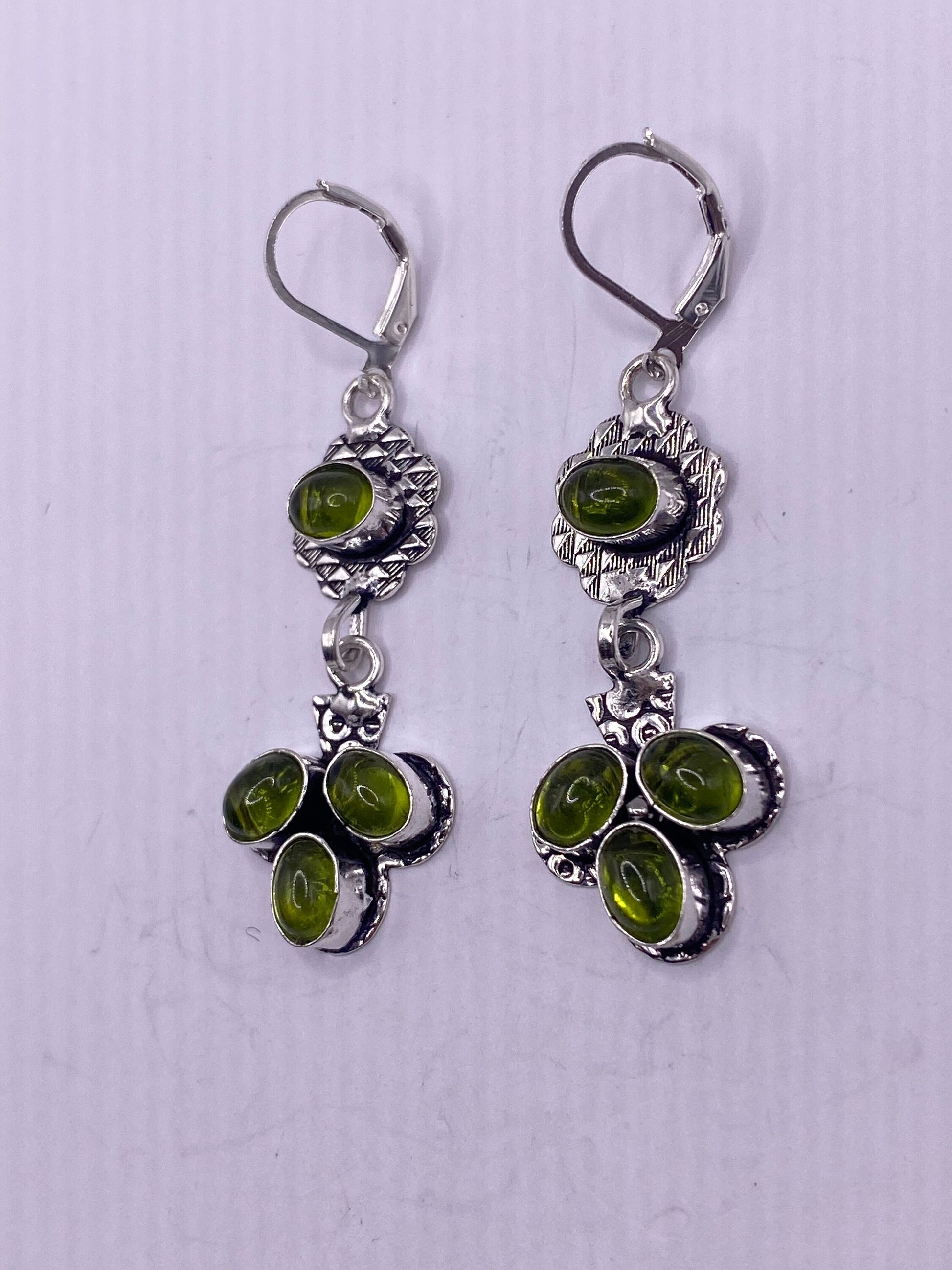 Antique Vintage Green Peridot Silver Dangle Earrings