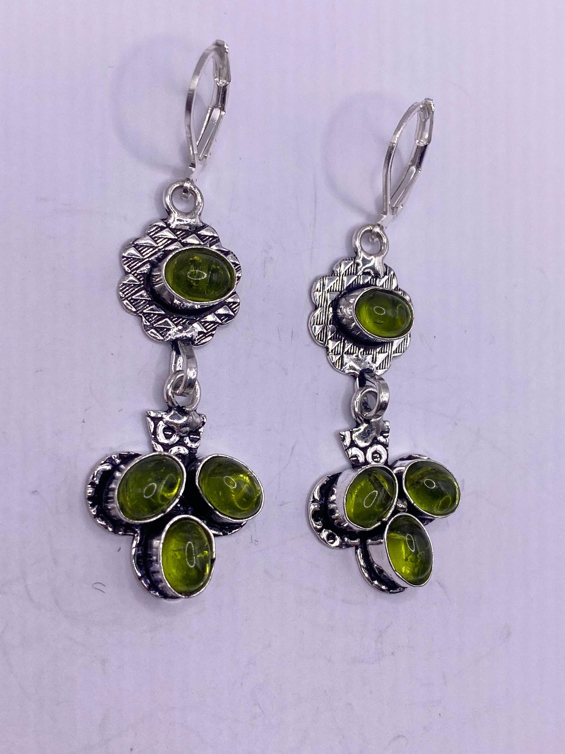 Antique Vintage Green Peridot Silver Dangle Earrings