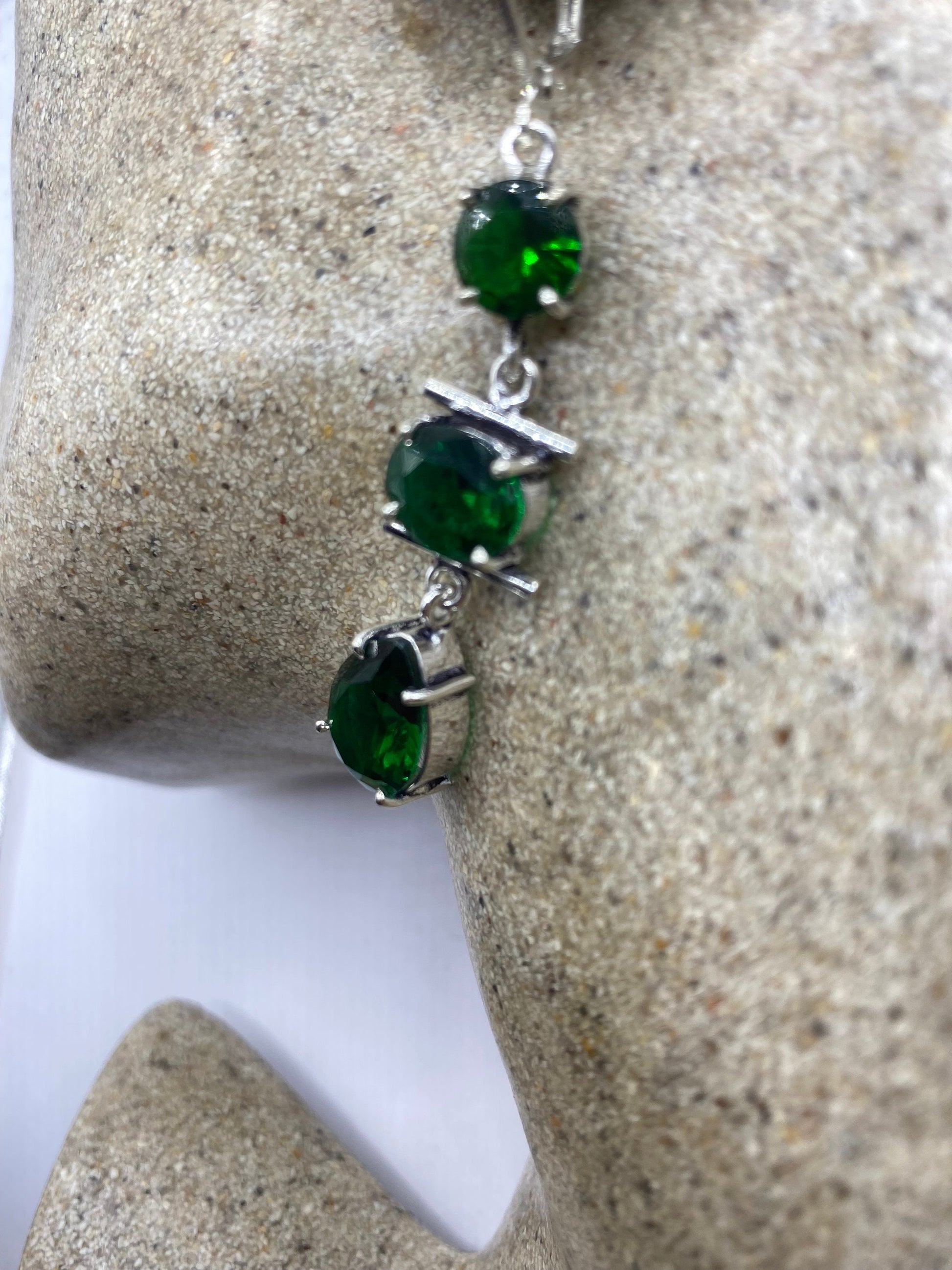 Antique Vintage Green Peridot Glass Silver Dangle Earrings