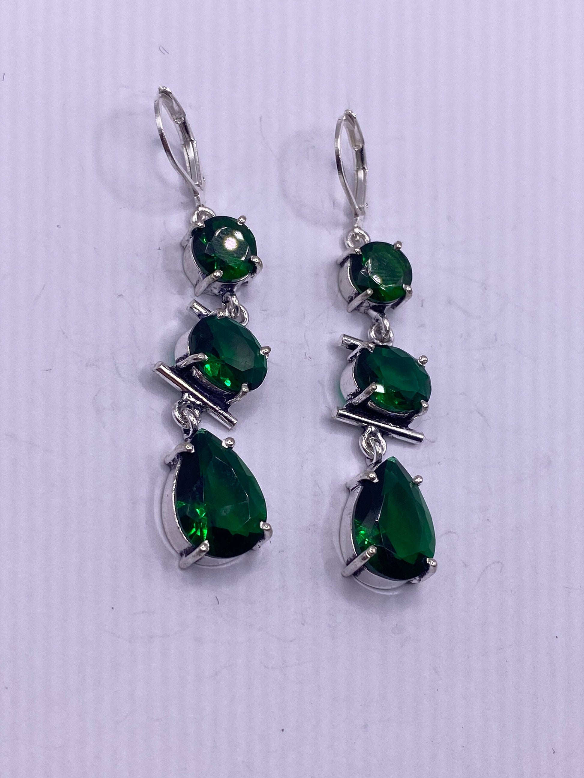 Antique Vintage Green Peridot Glass Silver Dangle Earrings