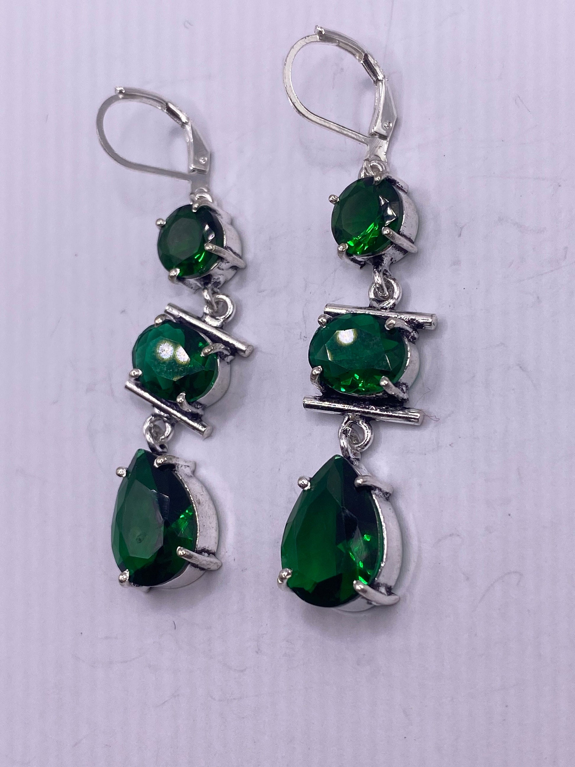 Antique Vintage Green Peridot Glass Silver Dangle Earrings