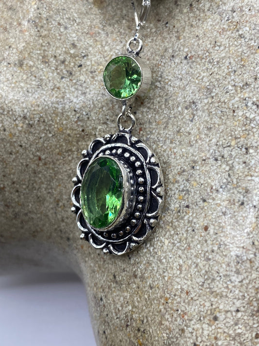 Antique Vintage Green Peridot Glass Silver Dangle Earrings