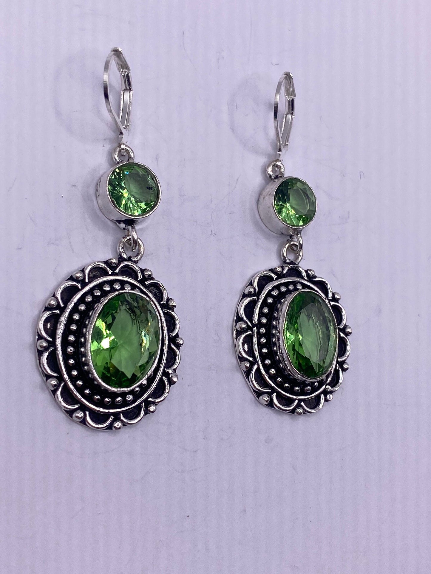 Antique Vintage Green Peridot Glass Silver Dangle Earrings