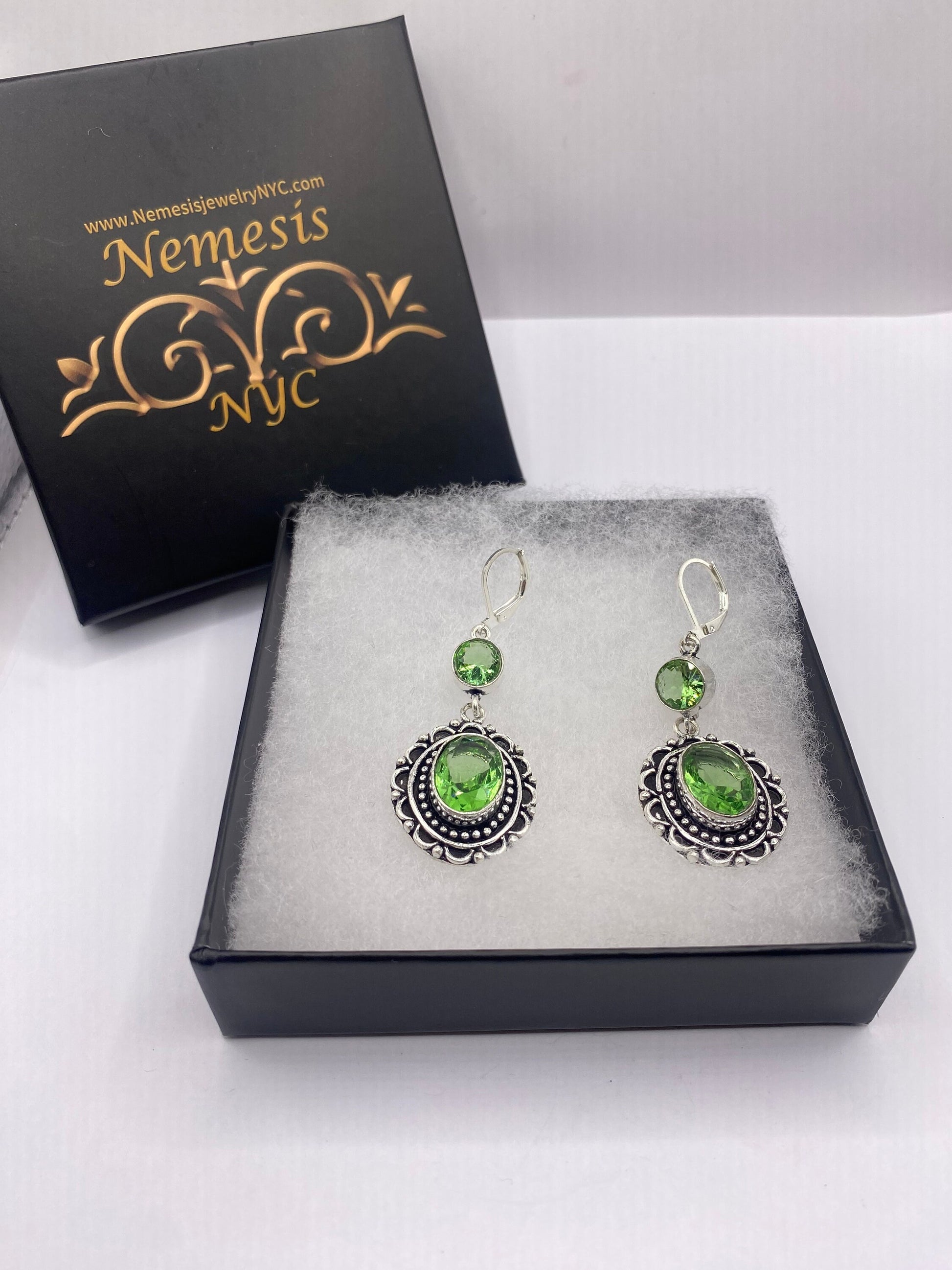 Antique Vintage Green Peridot Glass Silver Dangle Earrings